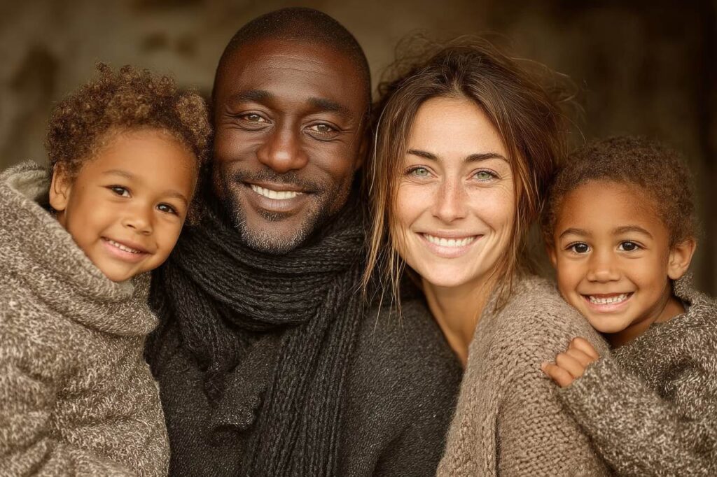 Couple together with a child on each side smiling while posing for the camera.